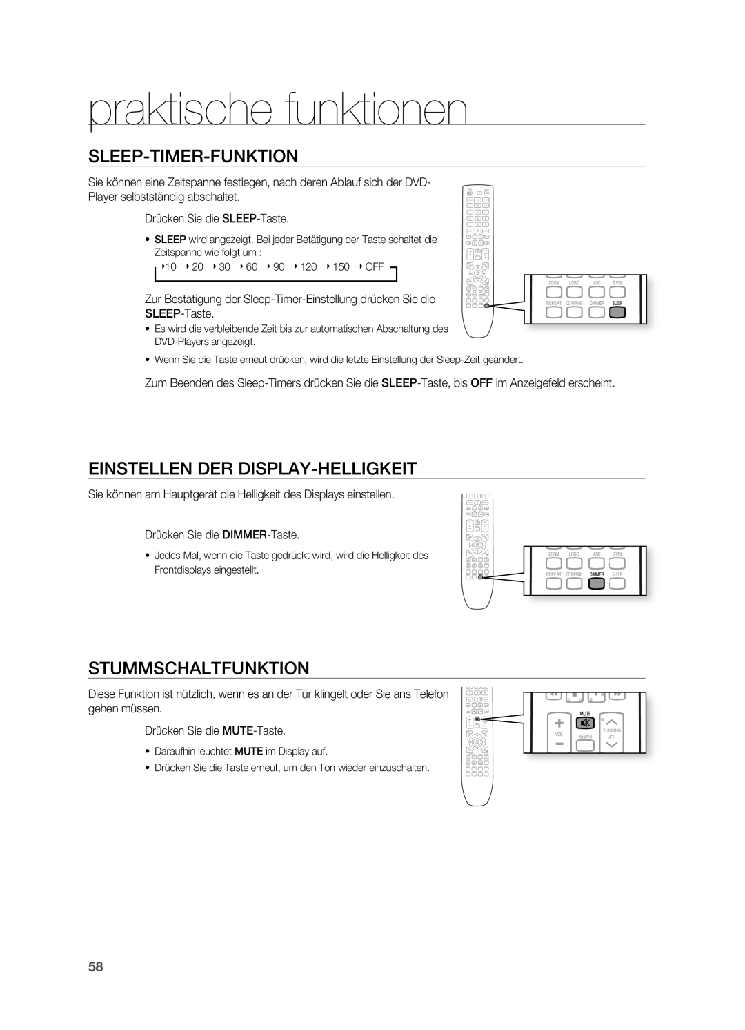 Samsung HT-X725GT/XEU, HT-TX725GT/EDC, HT-X725T/EDC manual Praktische funktionen, SLEEP-TIMER-FUNKTIoN, STUMMSCHALTFUNKTIoN 