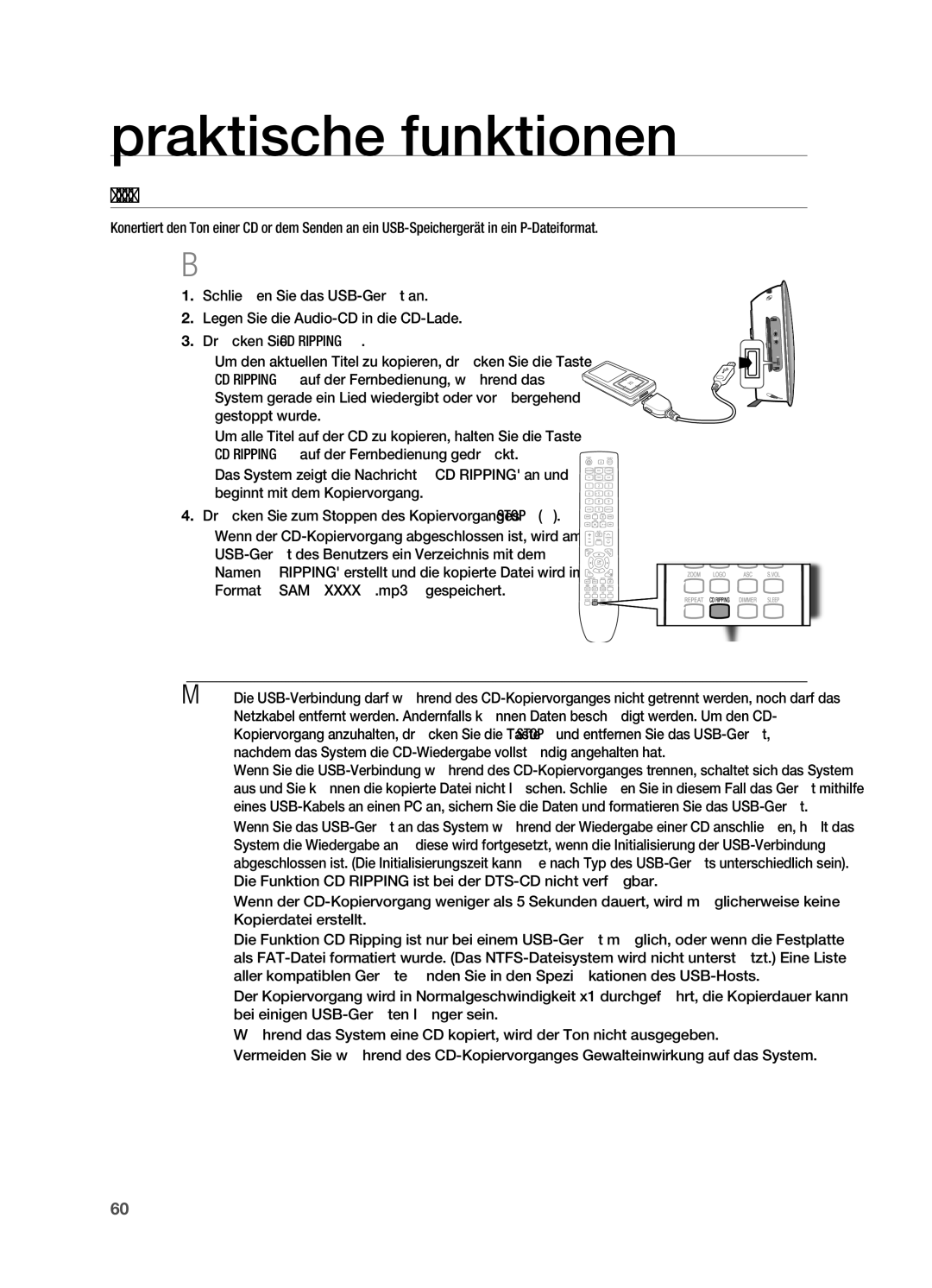 Samsung HT-TX725GT/EDC, HT-X725GT/XEU, HT-X725T/EDC manual Grundlegende FUNKTIoNEN CD Ripping 