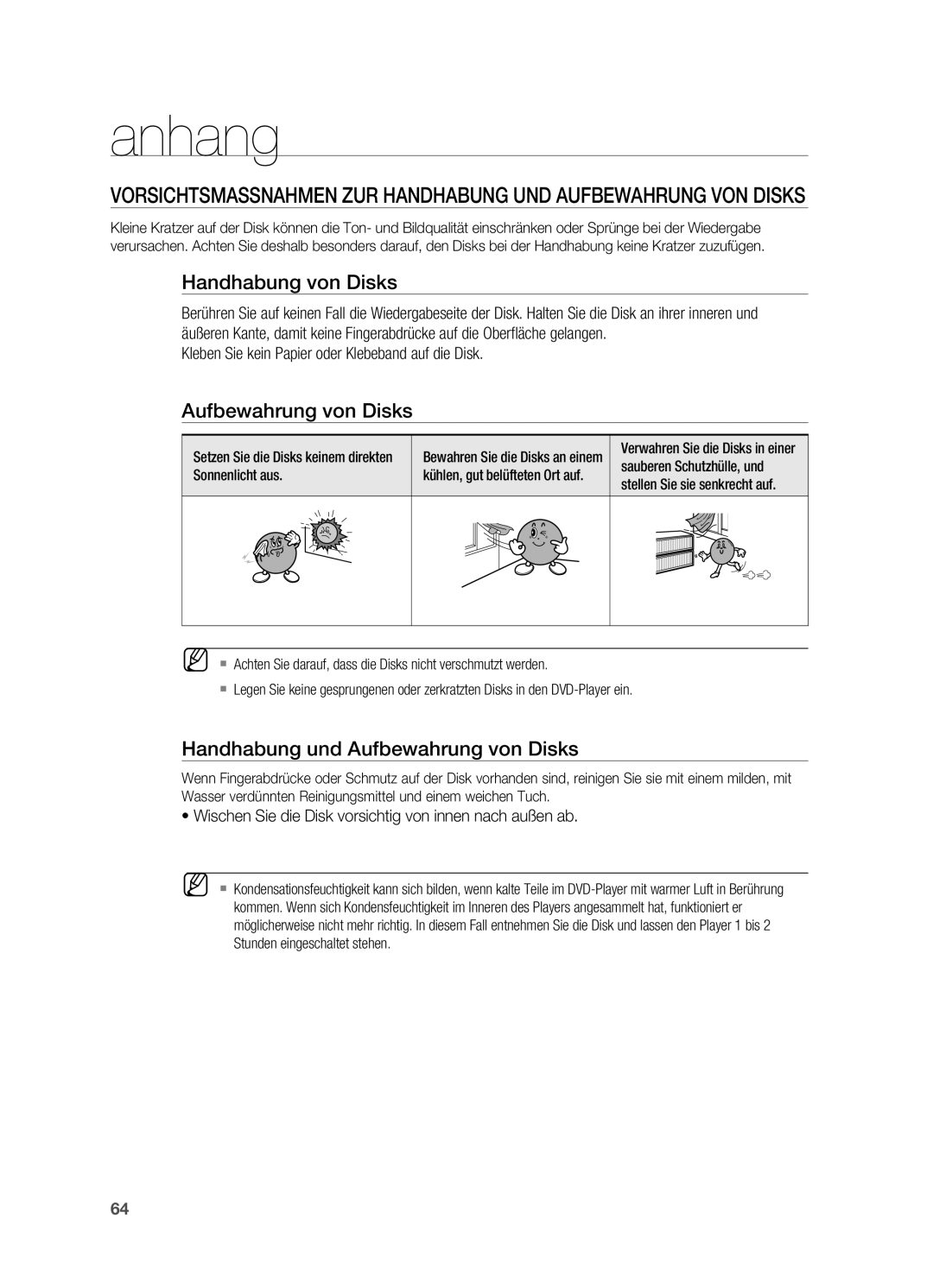 Samsung HT-X725GT/XEU, HT-TX725GT/EDC, HT-X725T/EDC Anhang, Handhabung von Disks, Handhabung und Aufbewahrung von Disks 