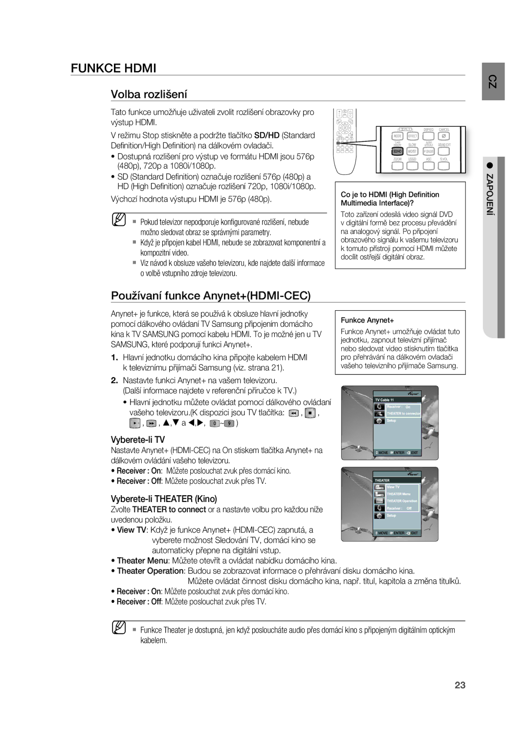 Samsung HT-X725GT/EDC, HT-TX725GT/EDC, HT-X725T/EDC manual Volba rozlišení, Používaní funkce Anynet+HDMI-CEC 