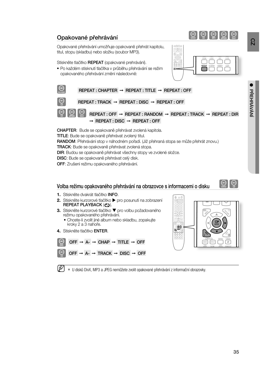 Samsung HT-X725GT/EDC manual Opakované přehrávání, Stiskněte tlačítko rEPEAT opakované prehrávání, OFF A- Chap Title OFF 