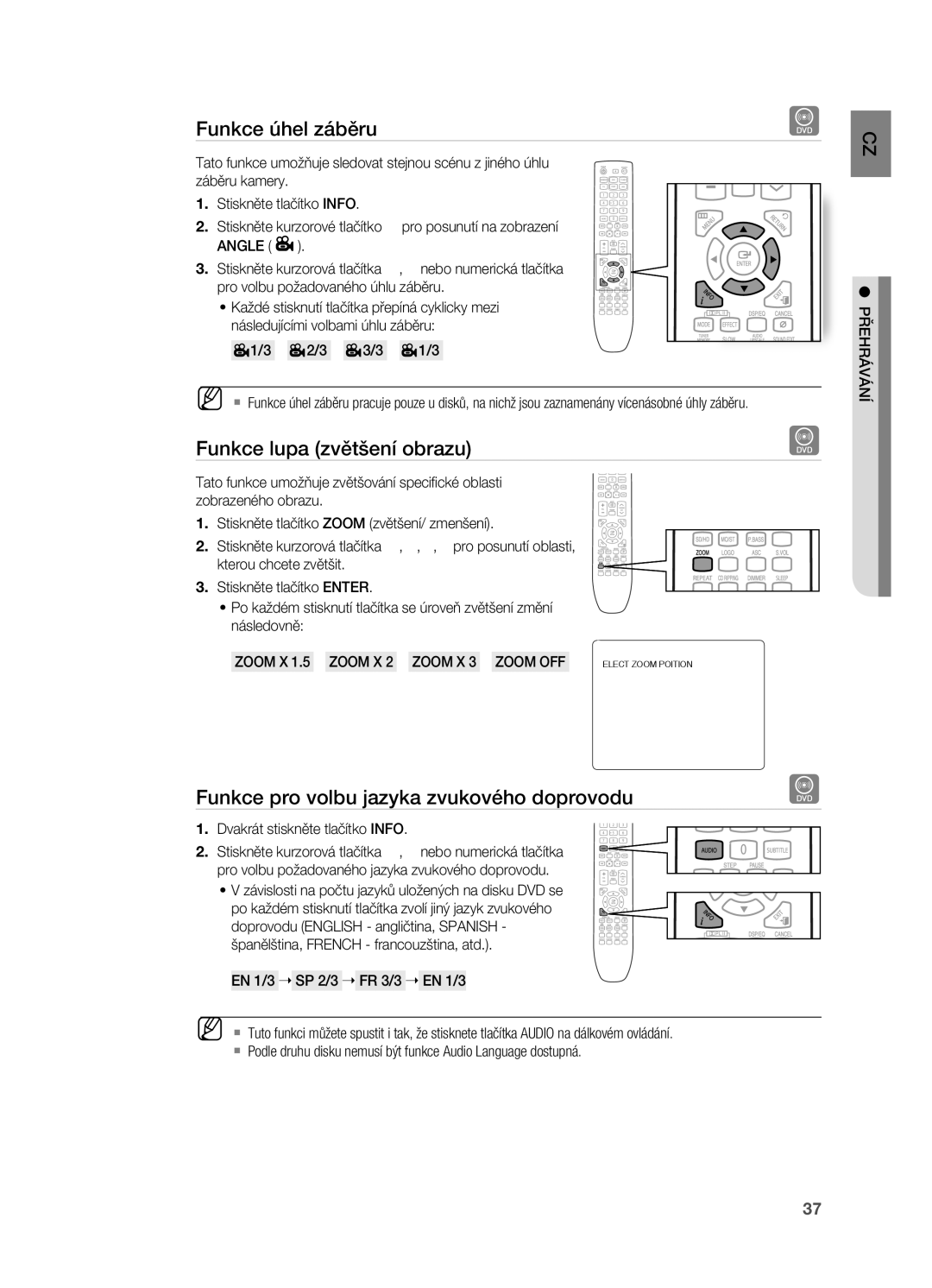 Samsung HT-X725T/EDC Funkce úhel záběru, Funkce lupa zvětšení obrazu, Funkce pro volbu jazyka zvukového doprovodu, Zoom X 