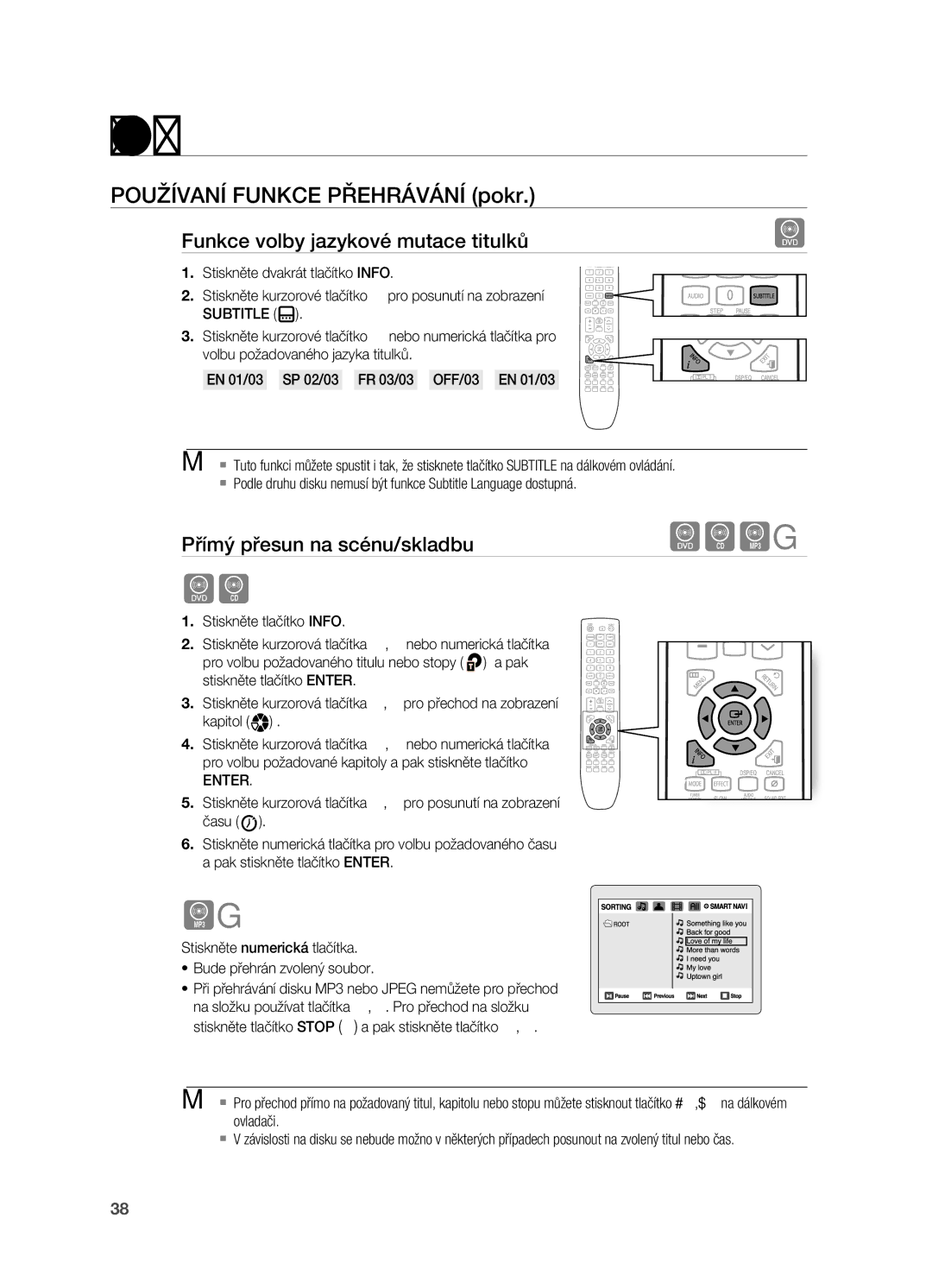 Samsung HT-X725GT/EDC, HT-TX725GT/EDC, HT-X725T/EDC Funkce volby jazykové mutace titulků, Přímý přesun na scénu/skladbu 