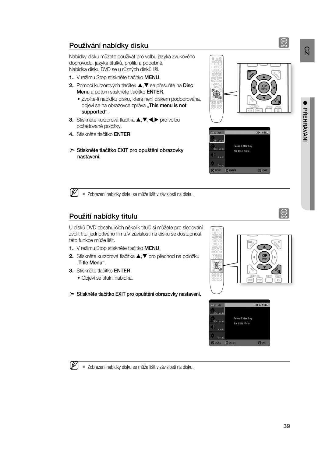 Samsung HT-TX725GT/EDC, HT-X725T/EDC, HT-X725GT/EDC manual Používání nabídky disku, Použití nabídky titulu 