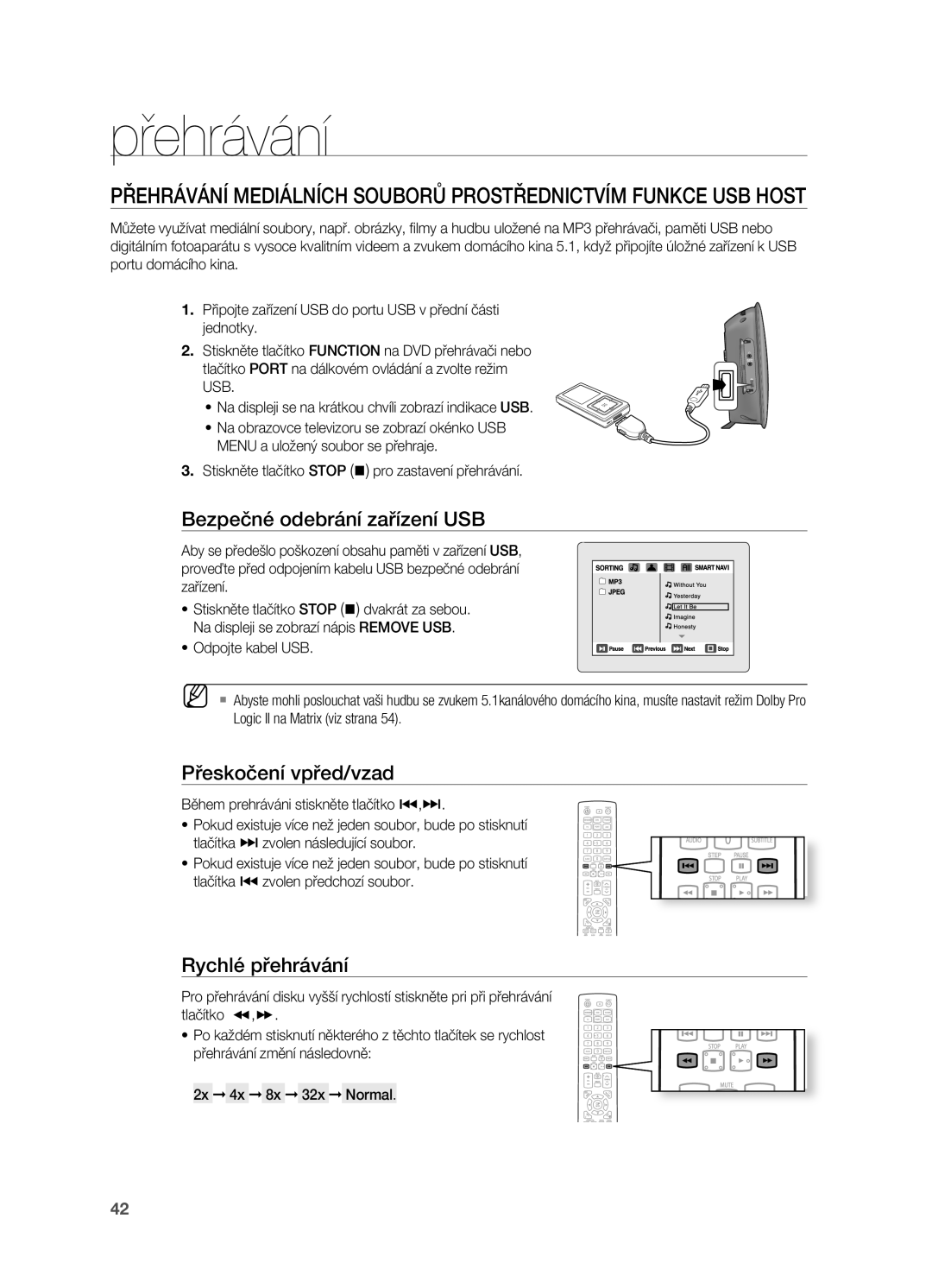 Samsung HT-TX725GT/EDC, HT-X725T/EDC, HT-X725GT/EDC manual Bezpečné odebrání zařízení USB, Přeskočení vpřed/vzad 