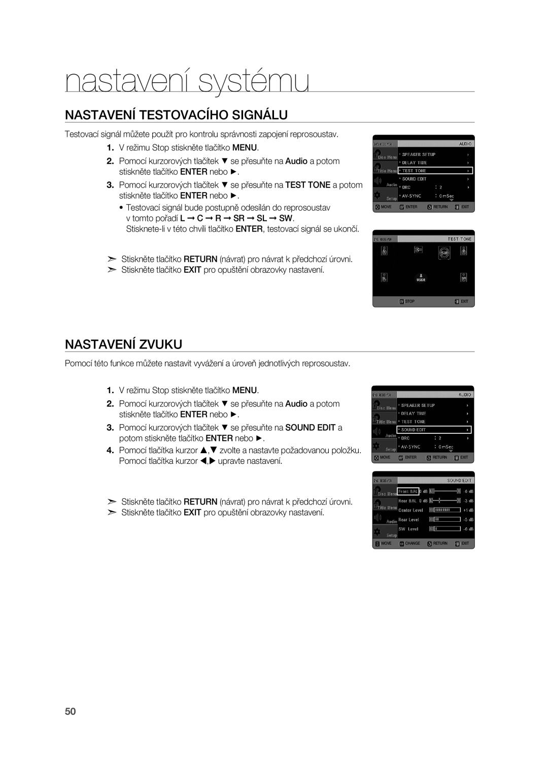 Samsung HT-X725GT/EDC, HT-TX725GT/EDC, HT-X725T/EDC manual Nastavení testovacího signálu, Nastavení zvuku 