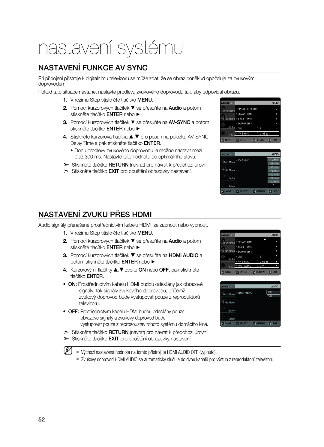 Samsung HT-X725T/EDC, HT-TX725GT/EDC, HT-X725GT/EDC manual Nastavení funkce AV Sync, Nastavení zvuku přes Hdmi 