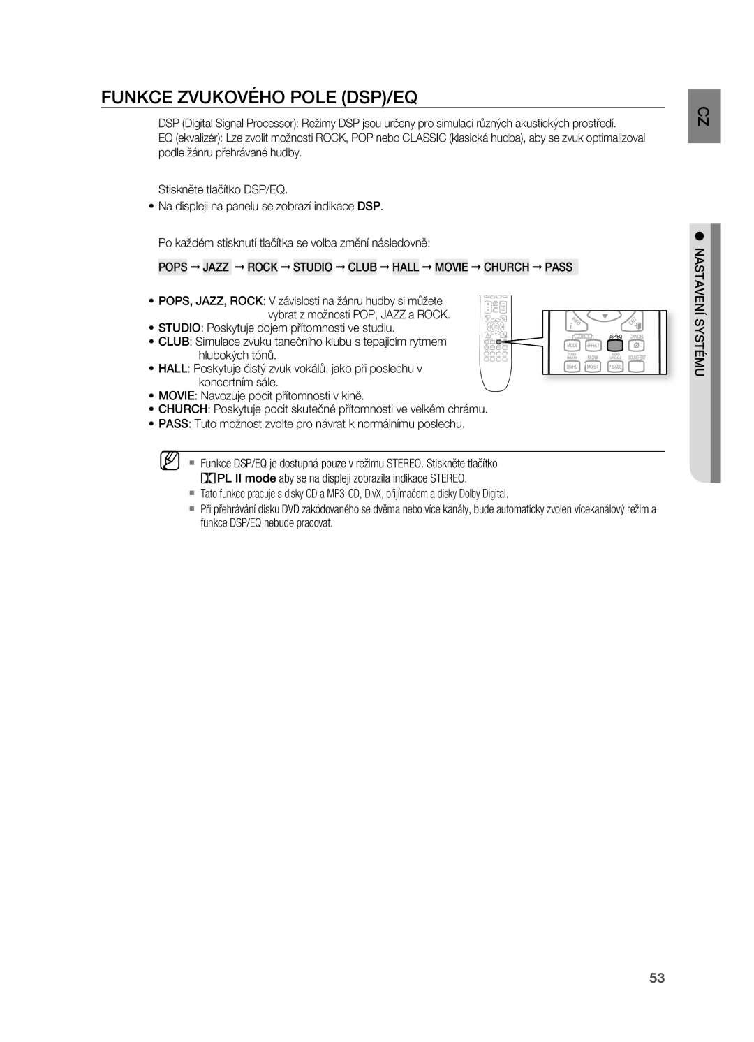 Samsung HT-X725GT/EDC, HT-TX725GT/EDC, HT-X725T/EDC manual Funkce ZVUKOVéHO Pole DSP/EQ 