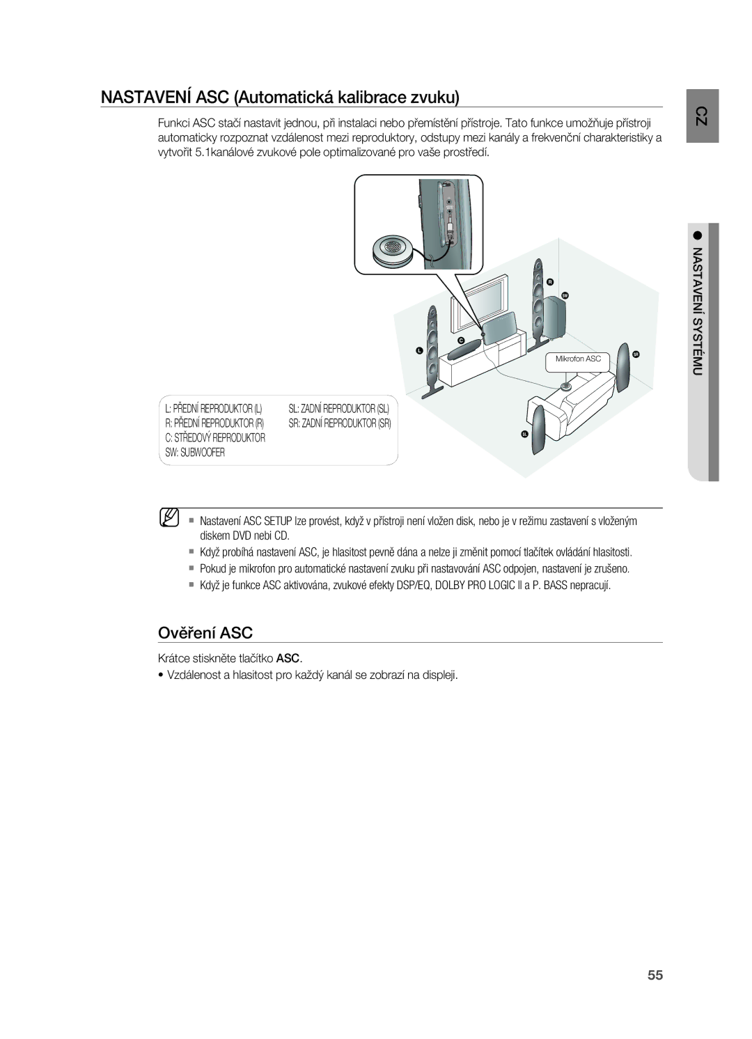 Samsung HT-X725T/EDC, HT-TX725GT/EDC, HT-X725GT/EDC Nastavení ASC Automatická kalibrace zvuku, Ověření ASC, SW Subwoofer 