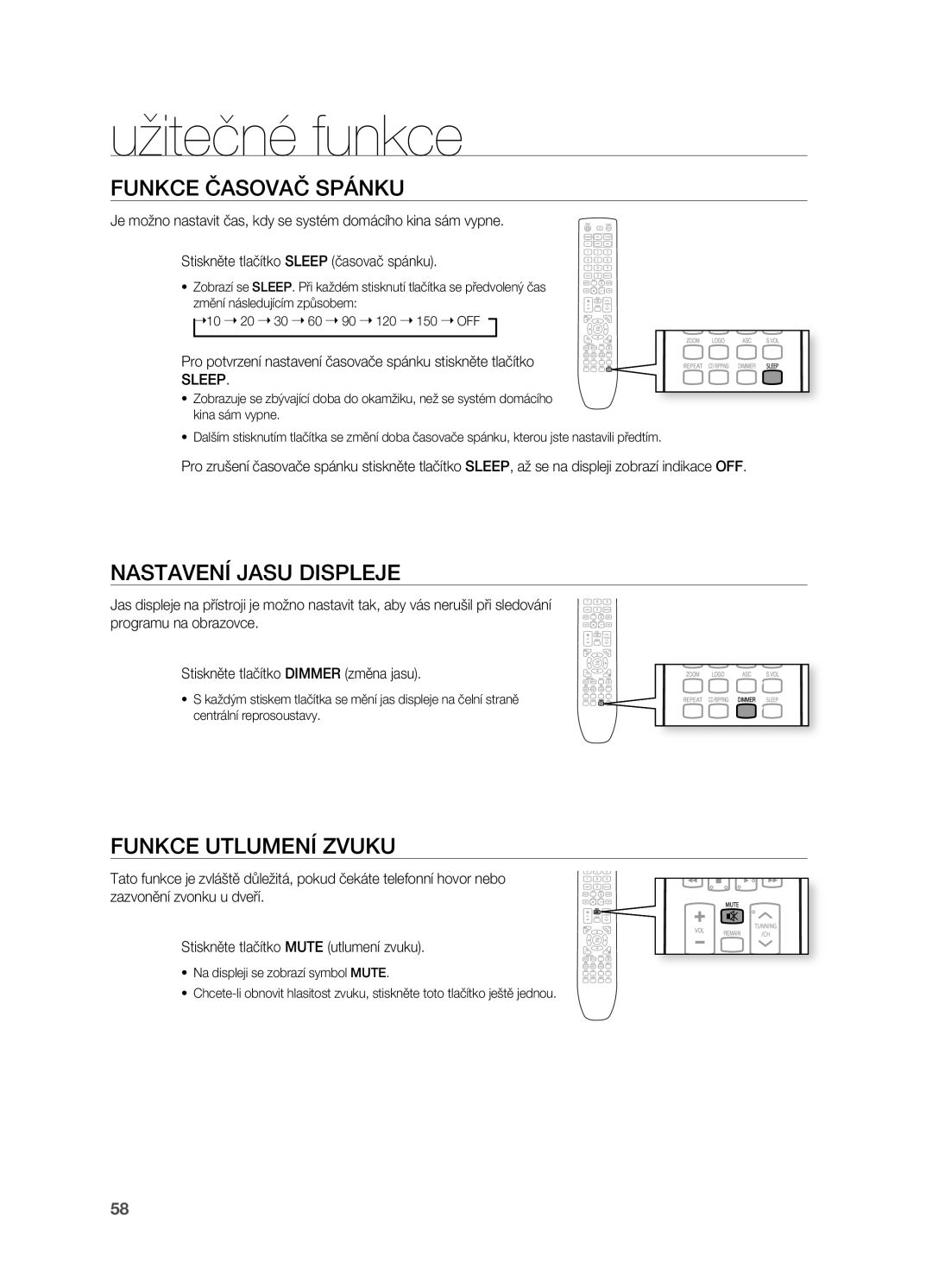 Samsung HT-X725T/EDC, HT-TX725GT/EDC Užitečné funkce, Pro potvrzení nastavení časovače spánku stiskněte tlačítko, Sleep 