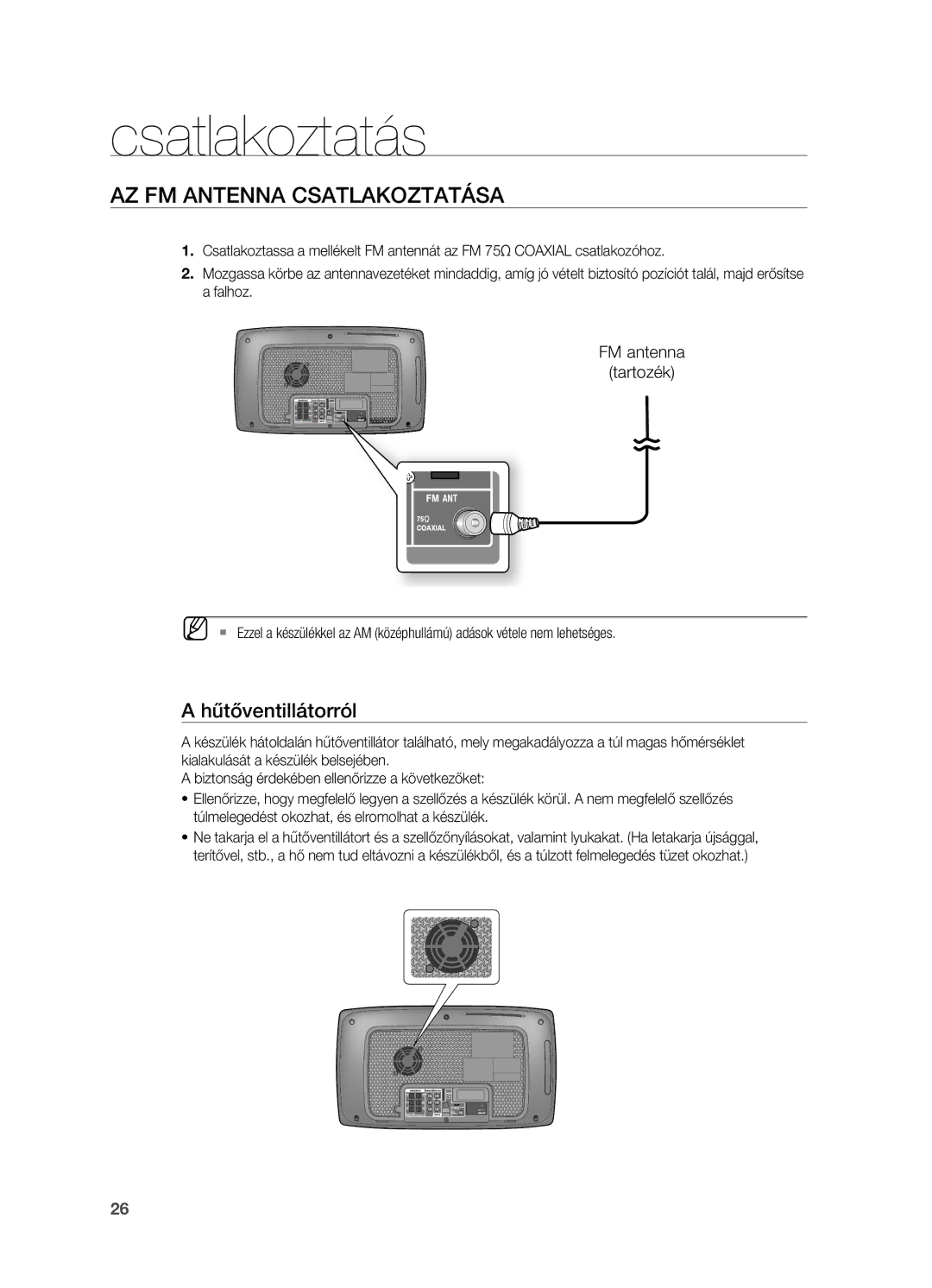 Samsung HT-X725GT/XET, HT-TX725GT/EDC, HT-X725T/EDC Az FM Antenna CSATLAKOzTATáSA, Hűtőventillátorról, FM antenna Tartozék 