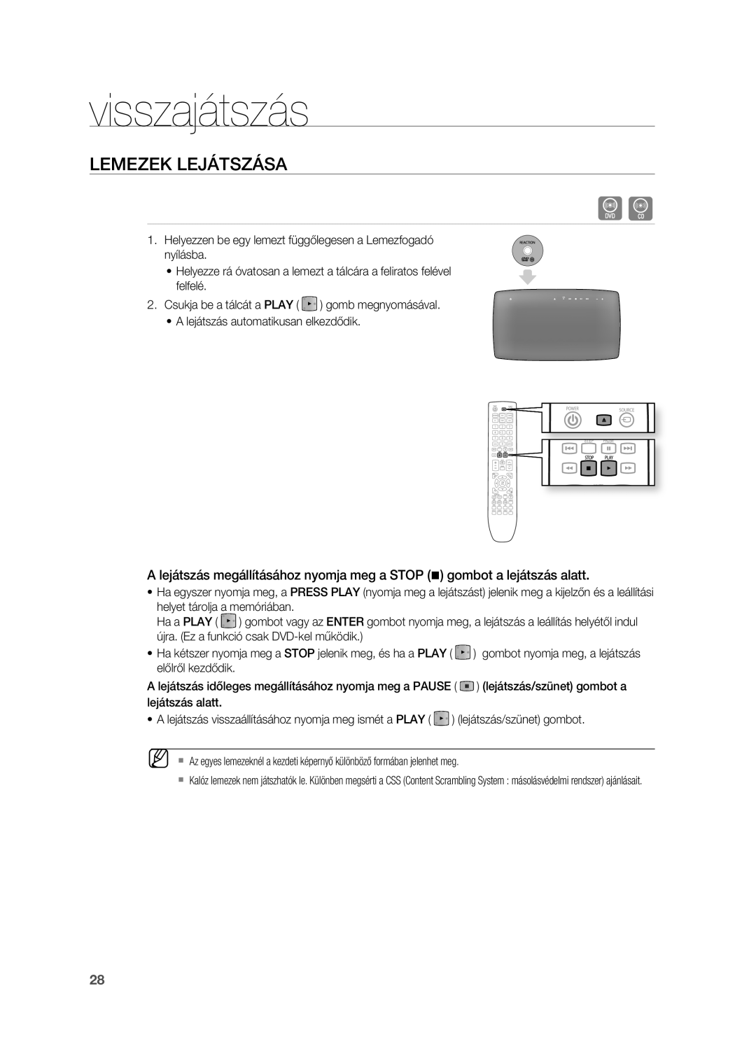 Samsung HT-TX725GT/EDC, HT-X725T/EDC, HT-X725GT/XET, HT-X725GT/EDC manual Visszajátszás, LEMEzEK LEjáTSzáSA 