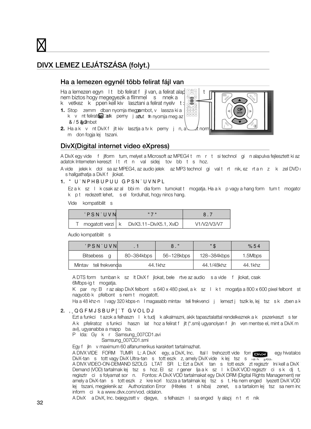 Samsung HT-TX725GT/EDC, HT-X725T/EDC Divx LEMEz LEjáTSzáSA folyt, Ha a lemezen egynél több felirat fájl van, Avi Wmv, Dts 