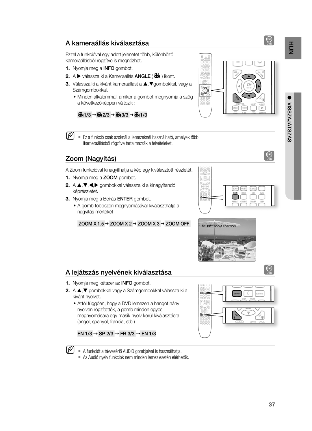 Samsung HT-X725T/EDC, HT-TX725GT/EDC manual Kameraállás kiválasztása, Zoom Nagyítás, Lejátszás nyelvének kiválasztása 