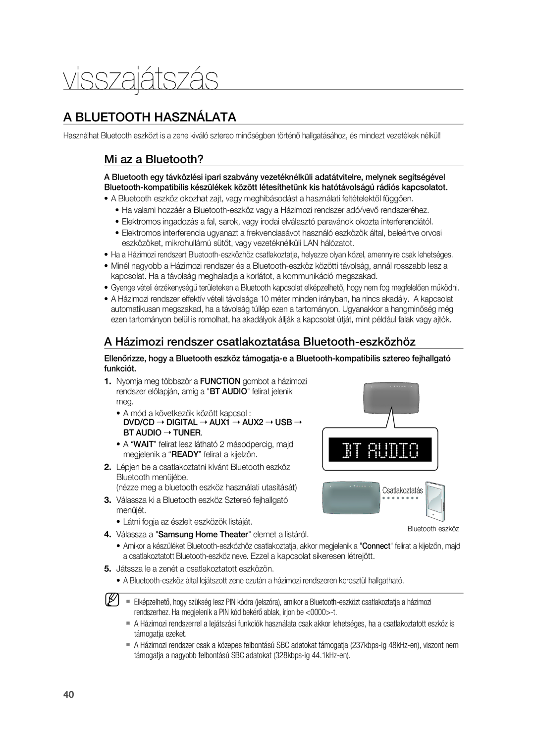 Samsung HT-TX725GT/EDC Bluetooth használata, Mi az a Bluetooth?, Házimozi rendszer csatlakoztatása Bluetooth-eszközhöz 