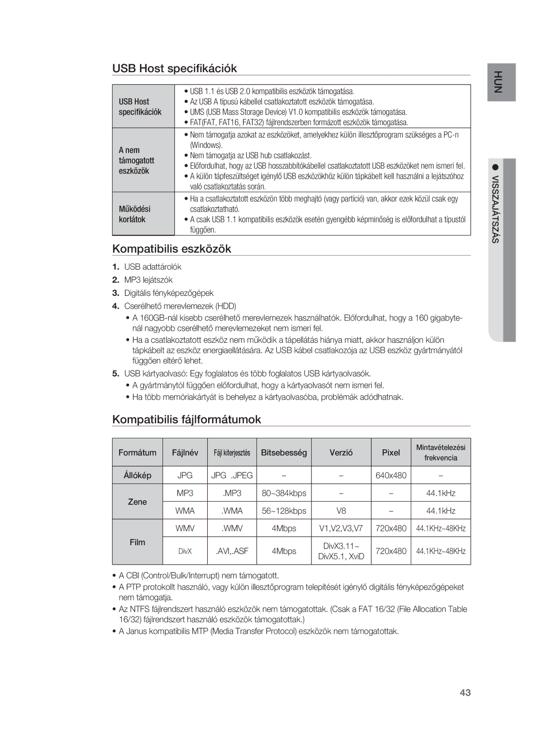 Samsung HT-X725GT/EDC, HT-TX725GT/EDC manual USB Host specifikációk, Kompatibilis eszközök, Kompatibilis fájlformátumok, Wma 