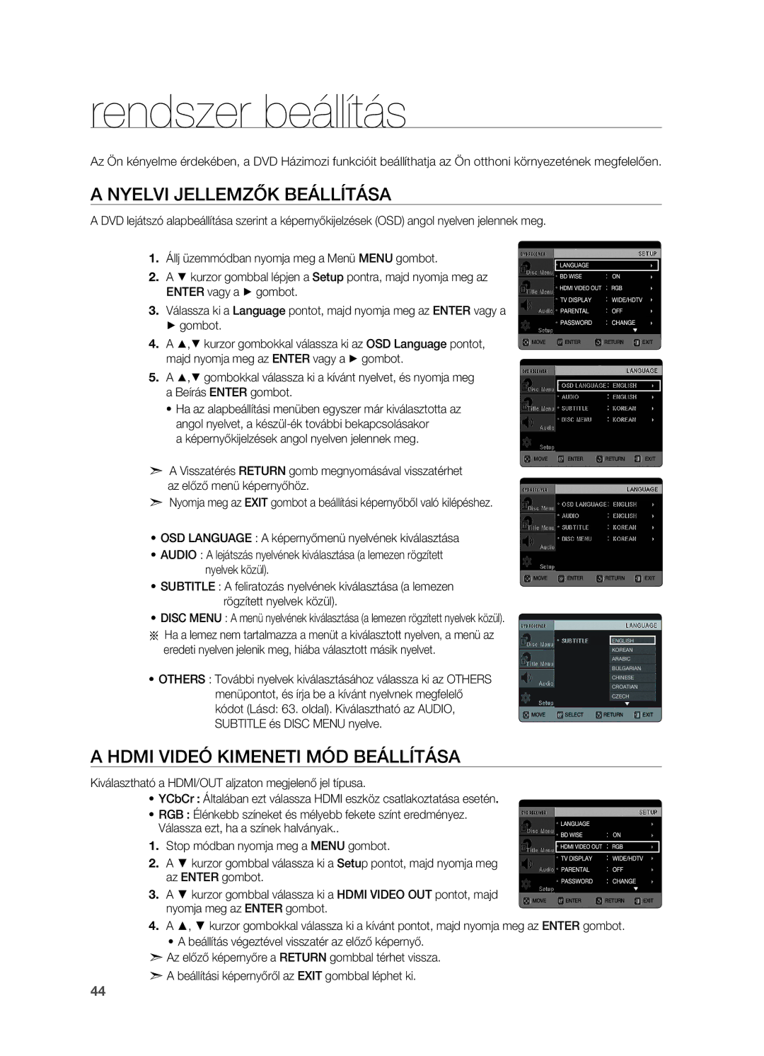 Samsung HT-TX725GT/EDC, HT-X725T/EDC, HT-X725GT/XET, HT-X725GT/EDC manual Rendszer beállítás, Nyelvi jellemzők beállítása 