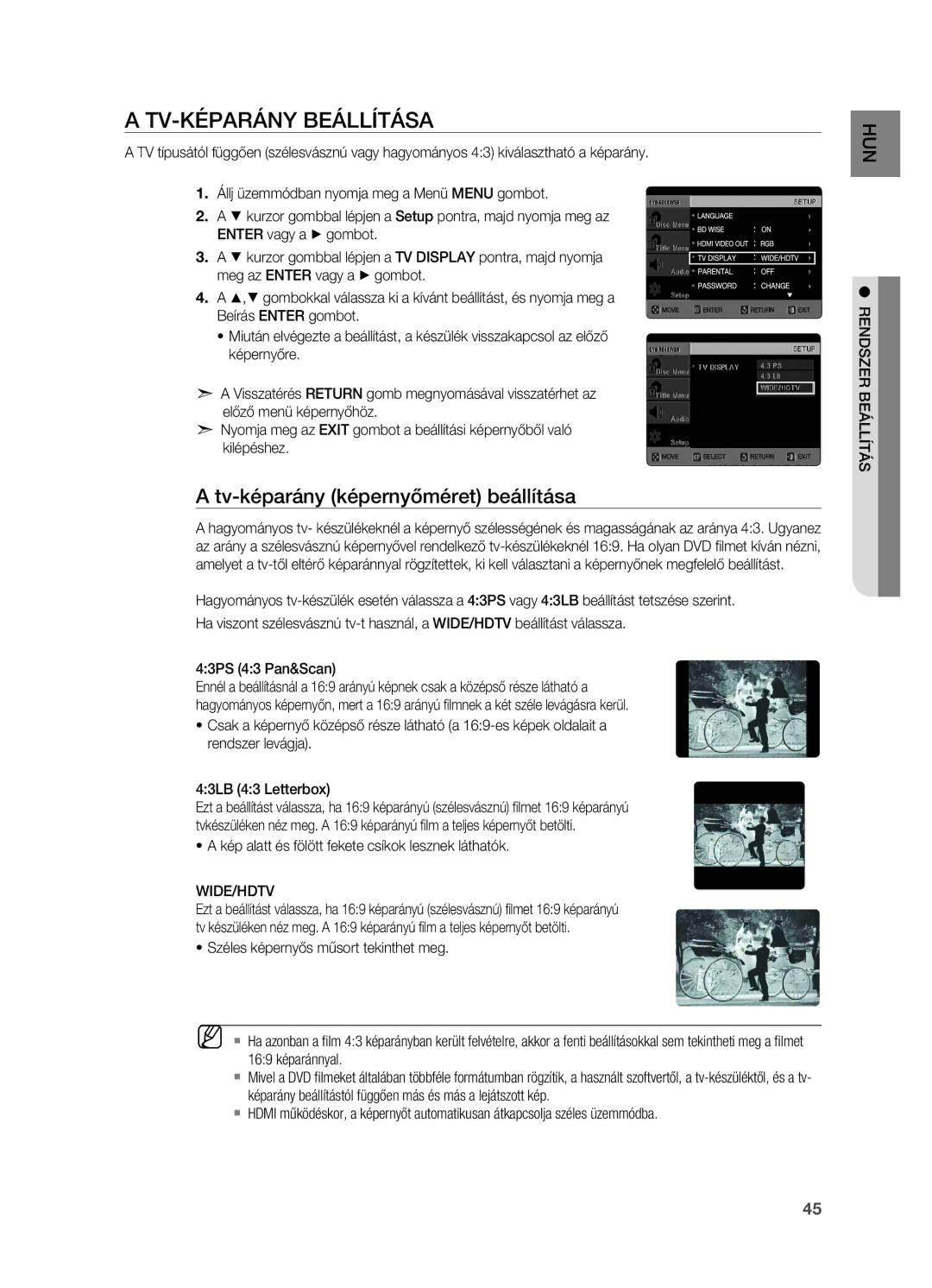 Samsung HT-X725T/EDC, HT-TX725GT/EDC, HT-X725GT/XET Tv-képarány beállítása, Tv-képarány képernyőméret beállítása, Wide/Hdtv 