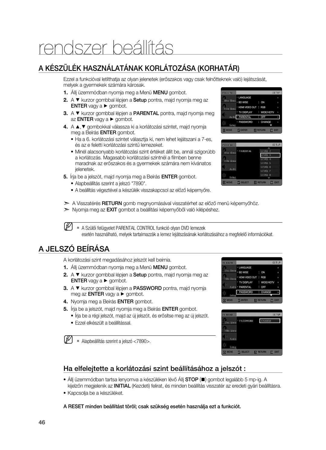 Samsung HT-X725GT/XET, HT-TX725GT/EDC, HT-X725T/EDC manual Készülék használatának korlátozása Korhatár, Jelszó beírása 