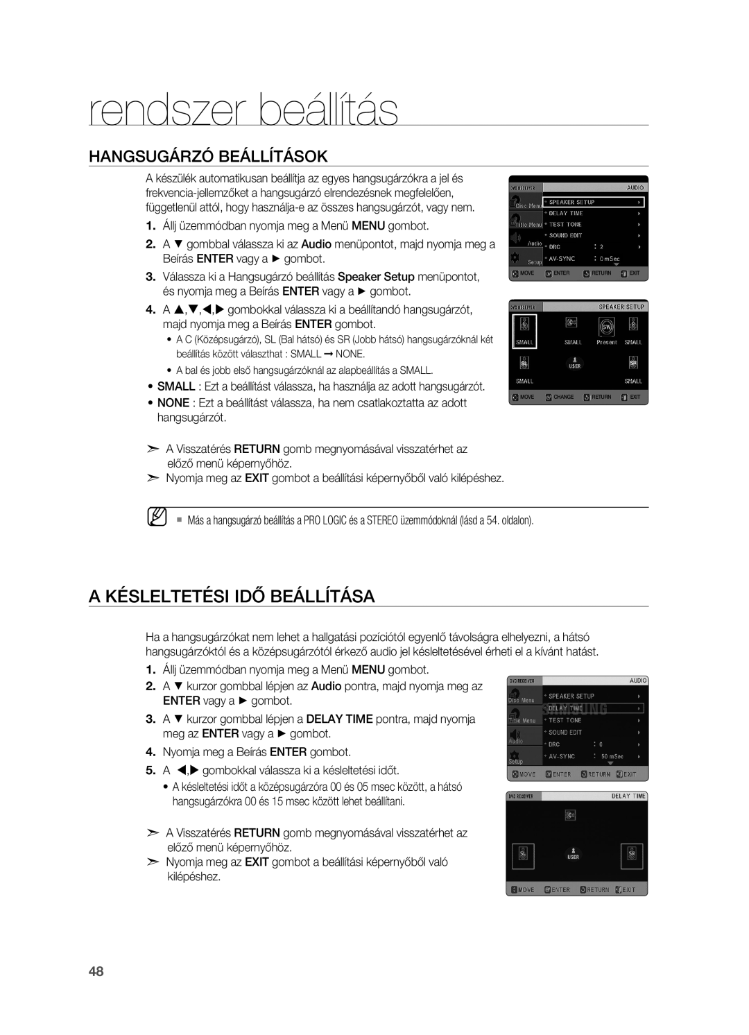 Samsung HT-TX725GT/EDC, HT-X725T/EDC, HT-X725GT/XET, HT-X725GT/EDC manual Késleltetési idő beállítása, Hangsugárzó beállítások 