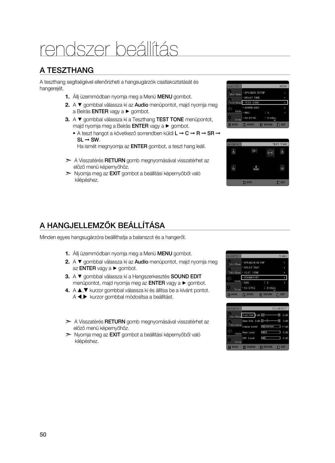 Samsung HT-X725GT/XET, HT-TX725GT/EDC, HT-X725T/EDC, HT-X725GT/EDC manual Teszthang, Hangjellemzők beállítása 