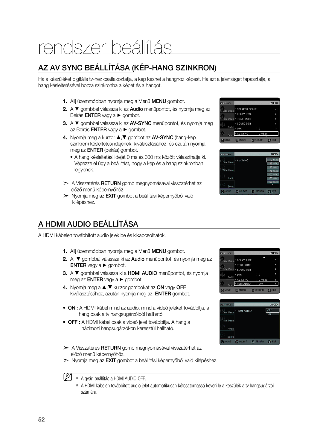 Samsung HT-TX725GT/EDC, HT-X725T/EDC, HT-X725GT/XET manual Az AV Sync beállítása Kép-hang szinkron, Hdmi Audio beállítása 