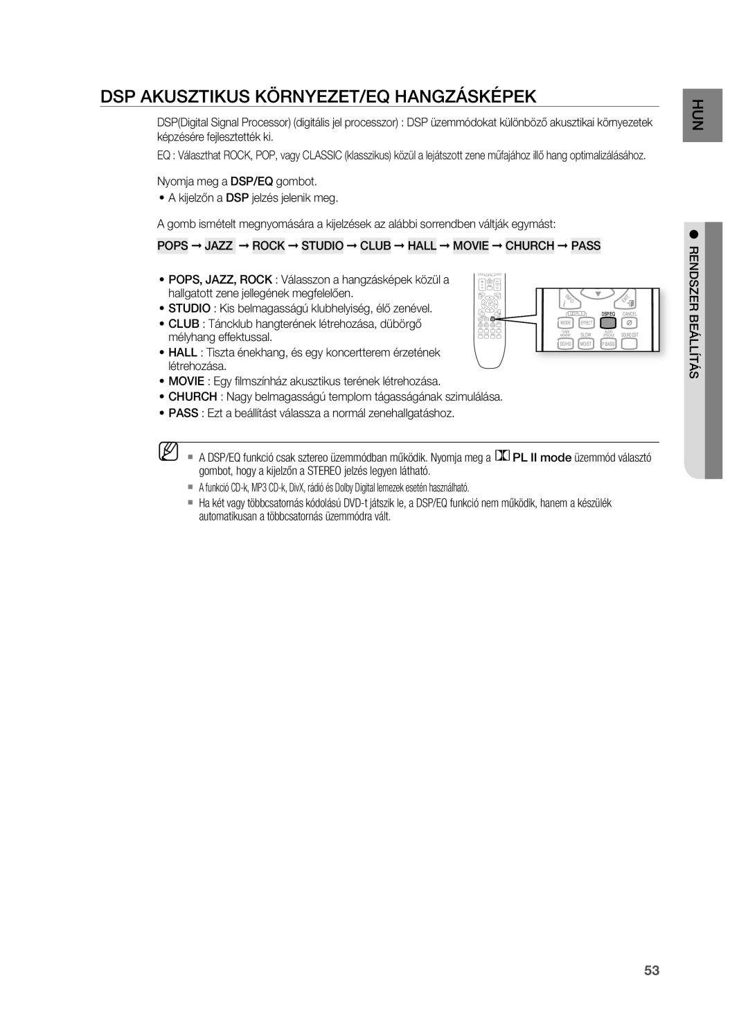 Samsung HT-X725T/EDC, HT-TX725GT/EDC, HT-X725GT/XET manual DSP AKUSzTIKUS KÖRNYEzET/EQ HANGzáSKÉPEK, RENDSzER BEáLLíTáS 