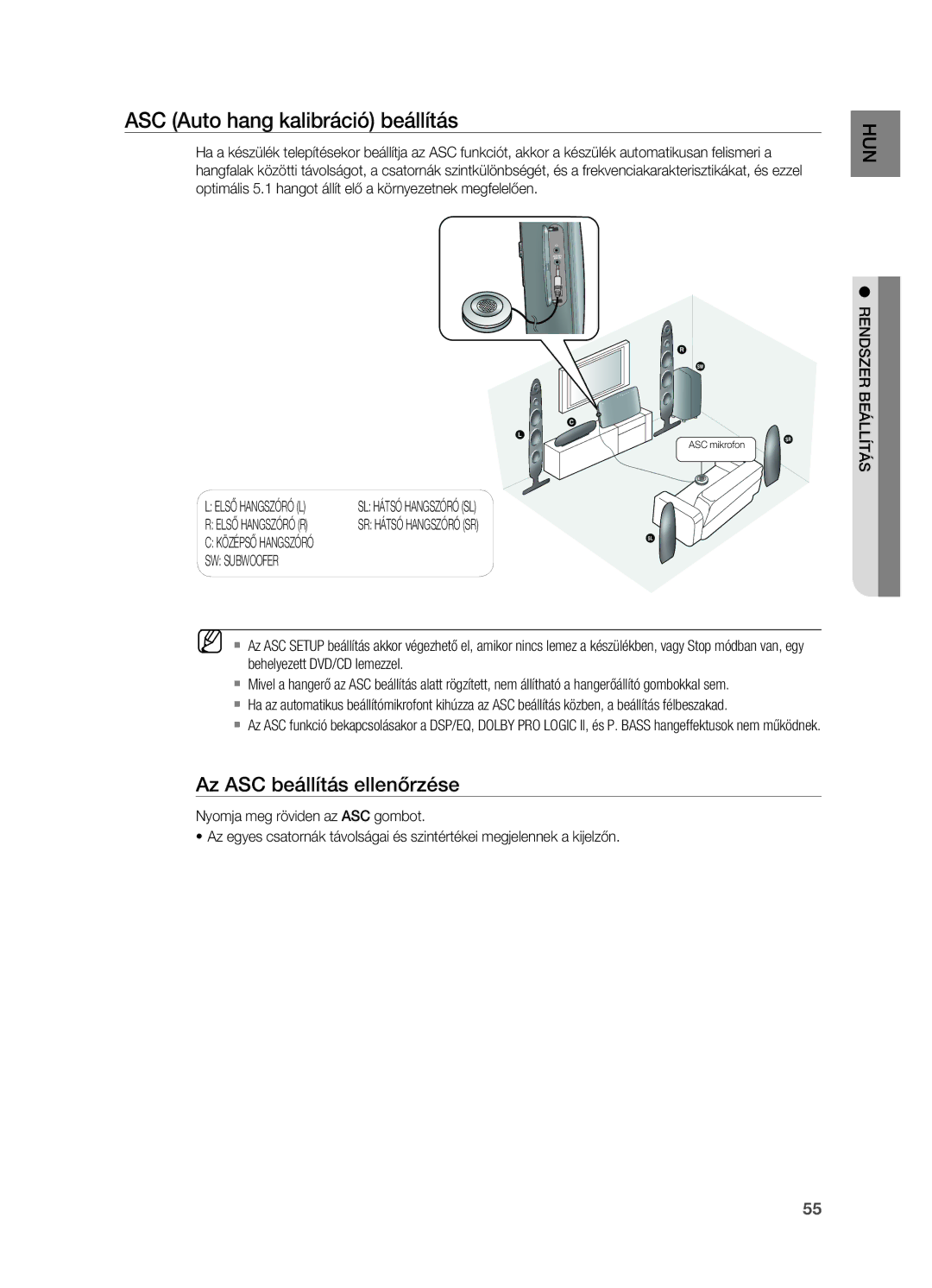 Samsung HT-X725GT/EDC, HT-TX725GT/EDC manual ASC Auto hang kalibráció beállítás, Az ASC beállítás ellenőrzése, SW Subwoofer 