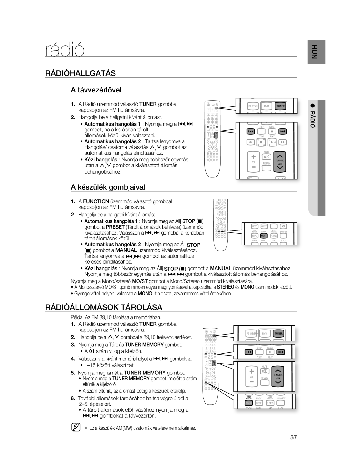 Samsung HT-X725T/EDC, HT-TX725GT/EDC Rádió, RáDIóHALLGATáS, RáDIóáLLOMáSOK TáROLáSA, Távvezérlővel, Készülék gombjaival 