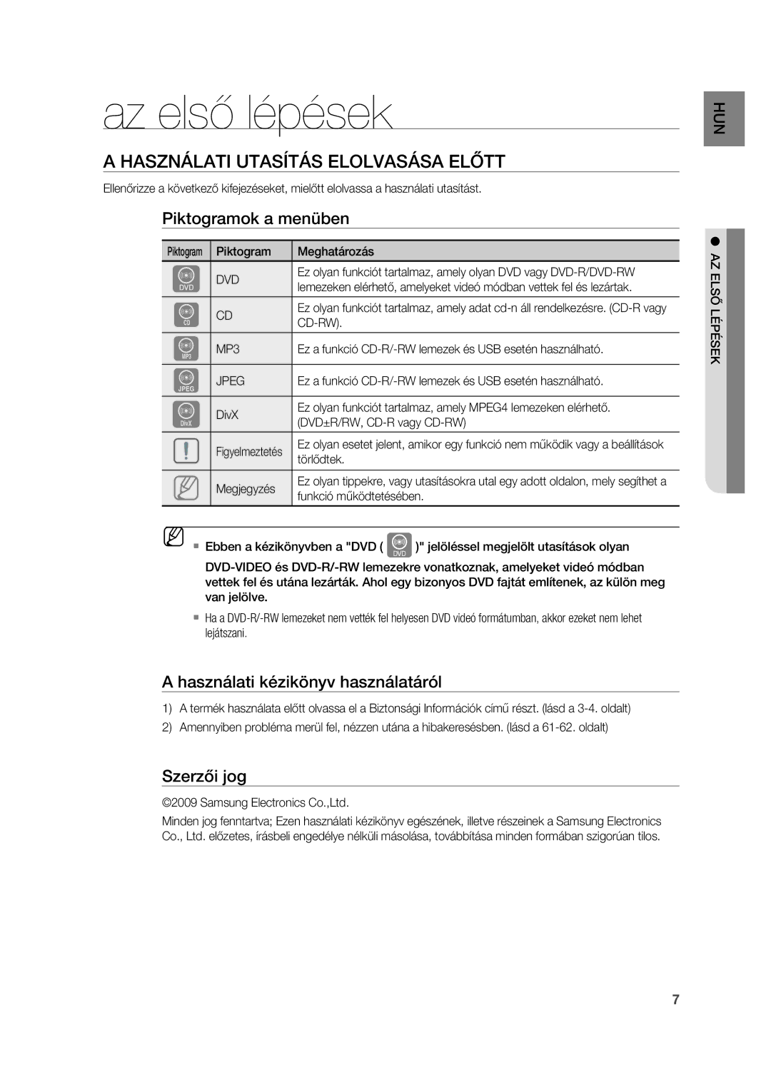 Samsung HT-X725GT/EDC manual Az első lépések, Használati Utasítás elolvasása elŐtt, Piktogramok a menüben, Szerzői jog 