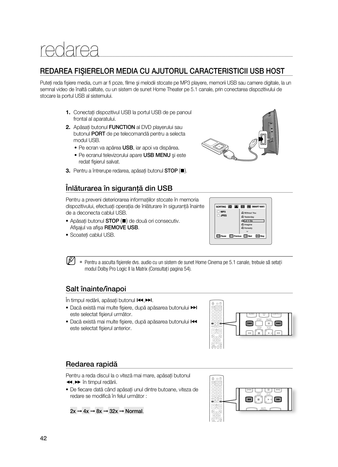 Samsung HT-TX725GT/EDC manual Înlăturarea în siguranţă din USB, Salt înainte/înapoi 