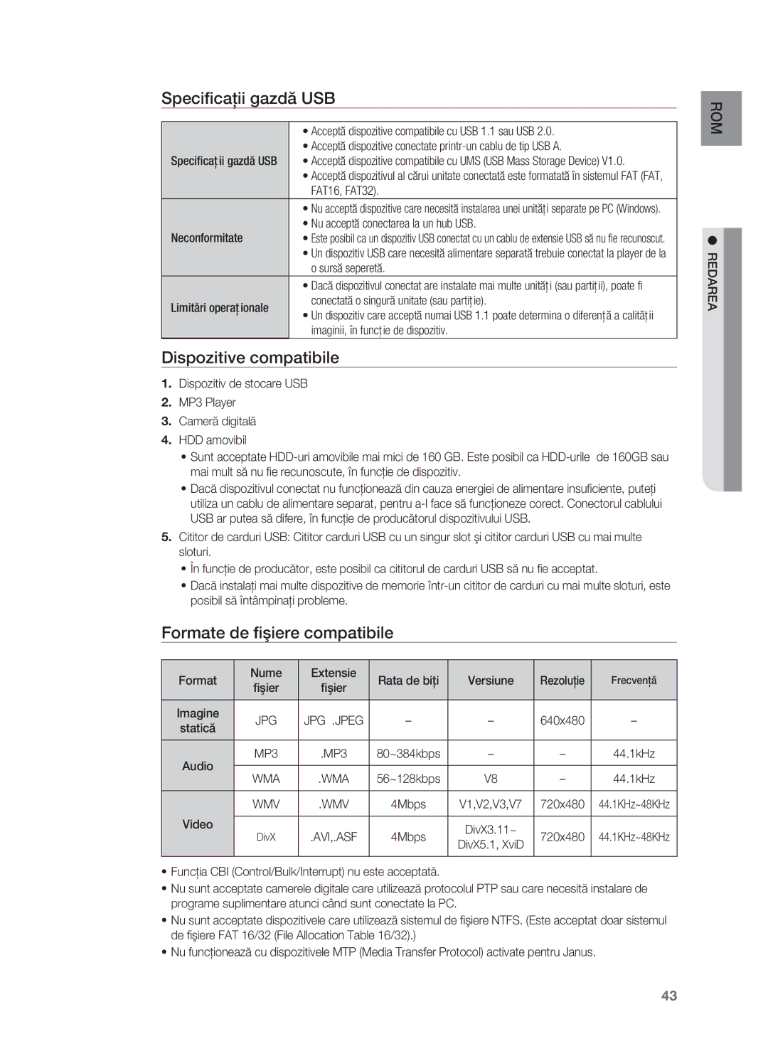 Samsung HT-TX725GT/EDC manual Specificaţii gazdă USB, Dispozitive compatibile, Formate de fişiere compatibile 