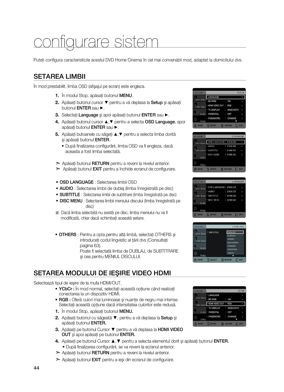 Samsung HT-TX725GT/EDC manual Configurare sistem, Setarea limbii, Setarea Modului DE Ieşire Video Hdmi 