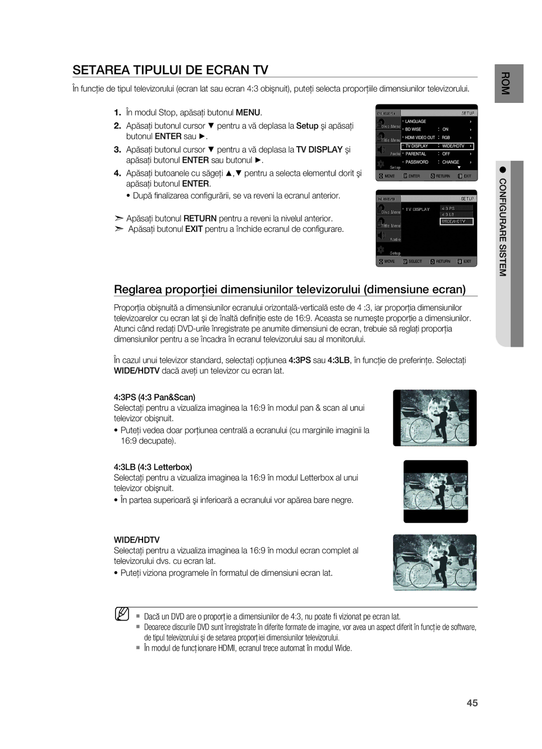 Samsung HT-TX725GT/EDC manual Setarea tipului de ecran TV, Configurare sistem 