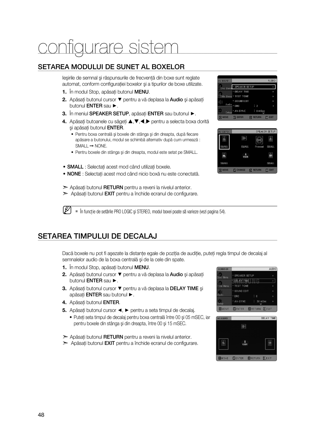 Samsung HT-TX725GT/EDC manual Setarea timpului de decalaj, Setarea modului de sunet al boxelor 