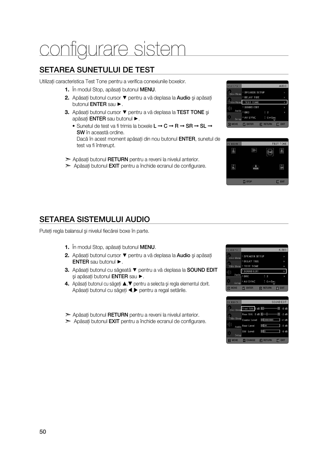 Samsung HT-TX725GT/EDC manual Setarea sunetului de test, Setarea sistemului audio 