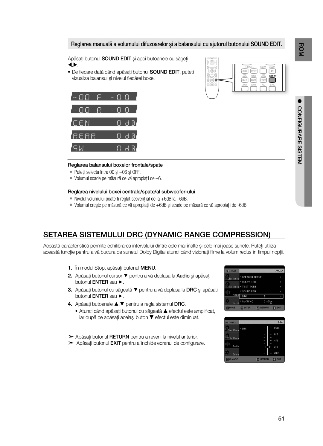 Samsung HT-TX725GT/EDC manual Setarea Sistemului DRC Dynamic RANgE Compression, CONFIgURARE Sistem 