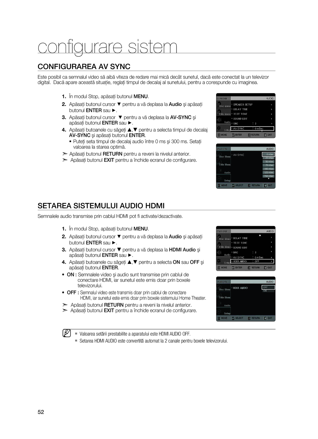 Samsung HT-TX725GT/EDC manual Configurarea AV Sync, Setarea sistemului audio Hdmi 