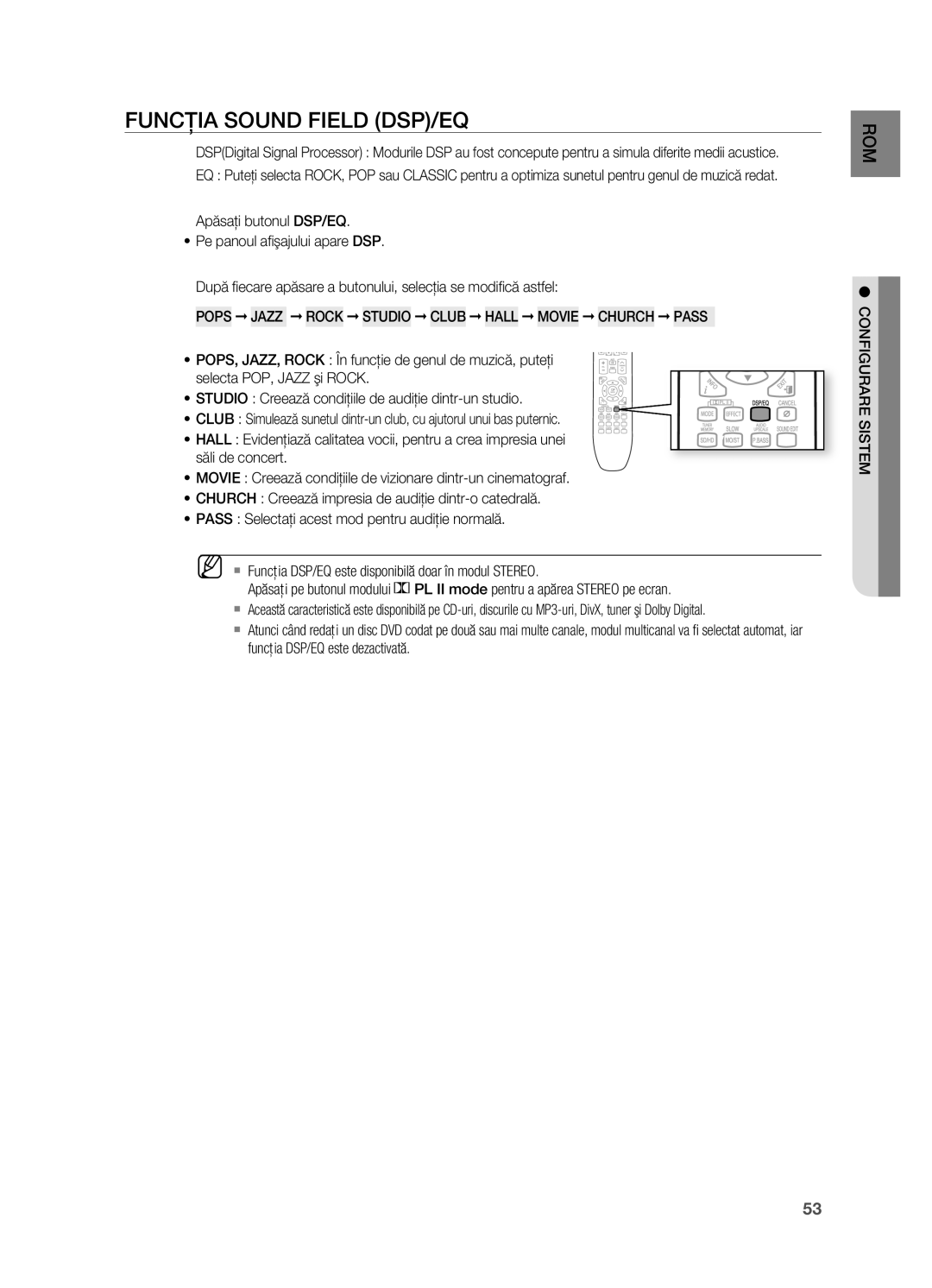 Samsung HT-TX725GT/EDC manual FUNCţIA Sound Field DSP/EQ, Pops Jazz Rock Studio Club Hall Movie Church Pass 