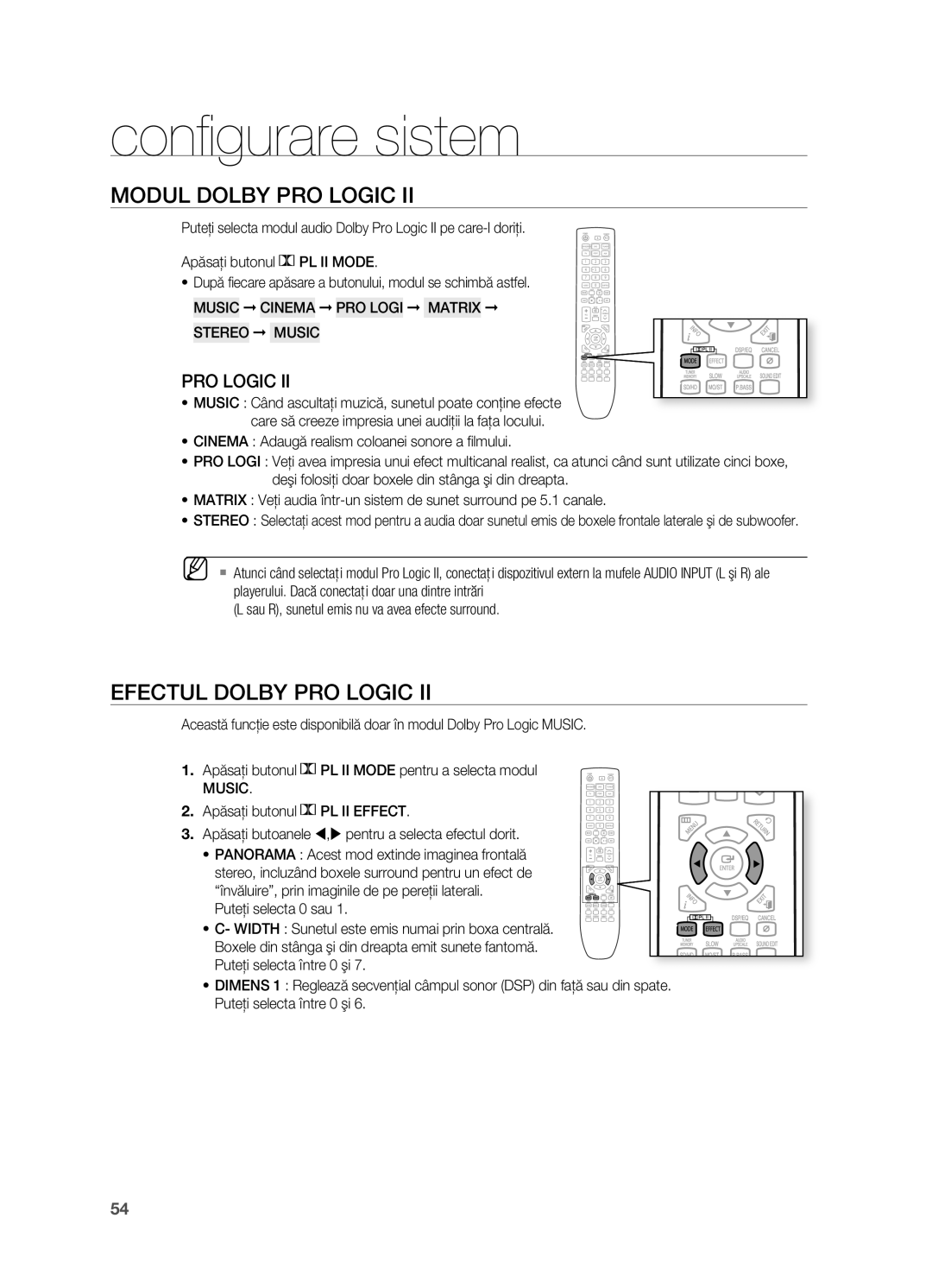 Samsung HT-TX725GT/EDC manual Confi gurare sistem, Modul Dolby PRO LOgIC, Efectul Dolby PRO LOgIC, Music 