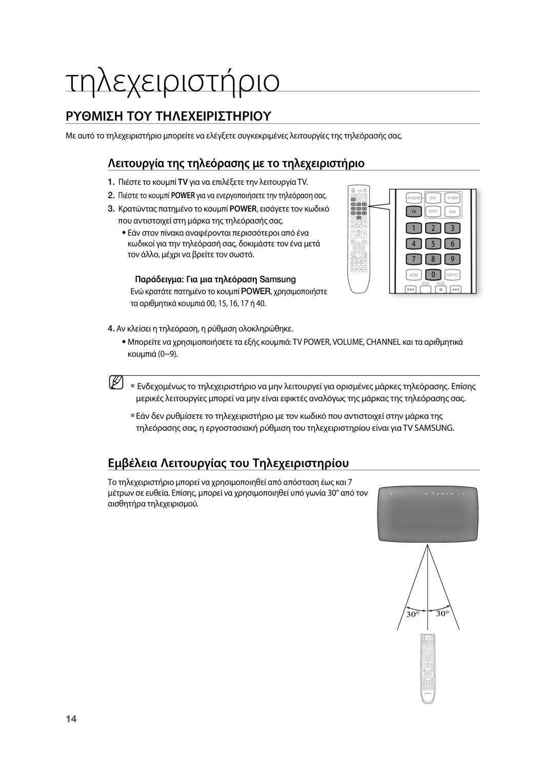 Samsung HT-TX725GT/EDC manual Ρυθμιση ΤΟΥ Τηλεχειριστηριου, Λειτουργία της τηλεόρασης με το τηλεχειριστήριο 