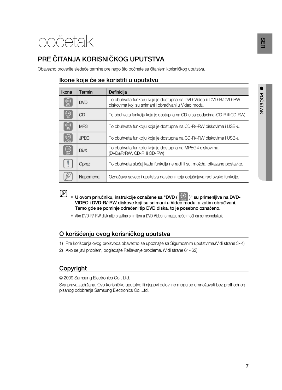 Samsung HT-TX725GT/EDC manual Početak, Pre čitanja Korisničkog uputstva, Ikone koje će se koristiti u uputstvu 