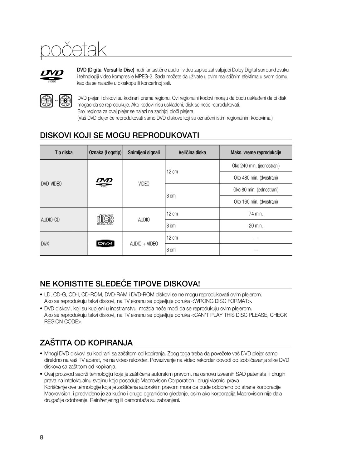 Samsung HT-TX725GT/EDC manual Diskovi koji se mogu reprodukovati, Ne koristite sledeće tipove diskova, Zaštita od kopiranja 