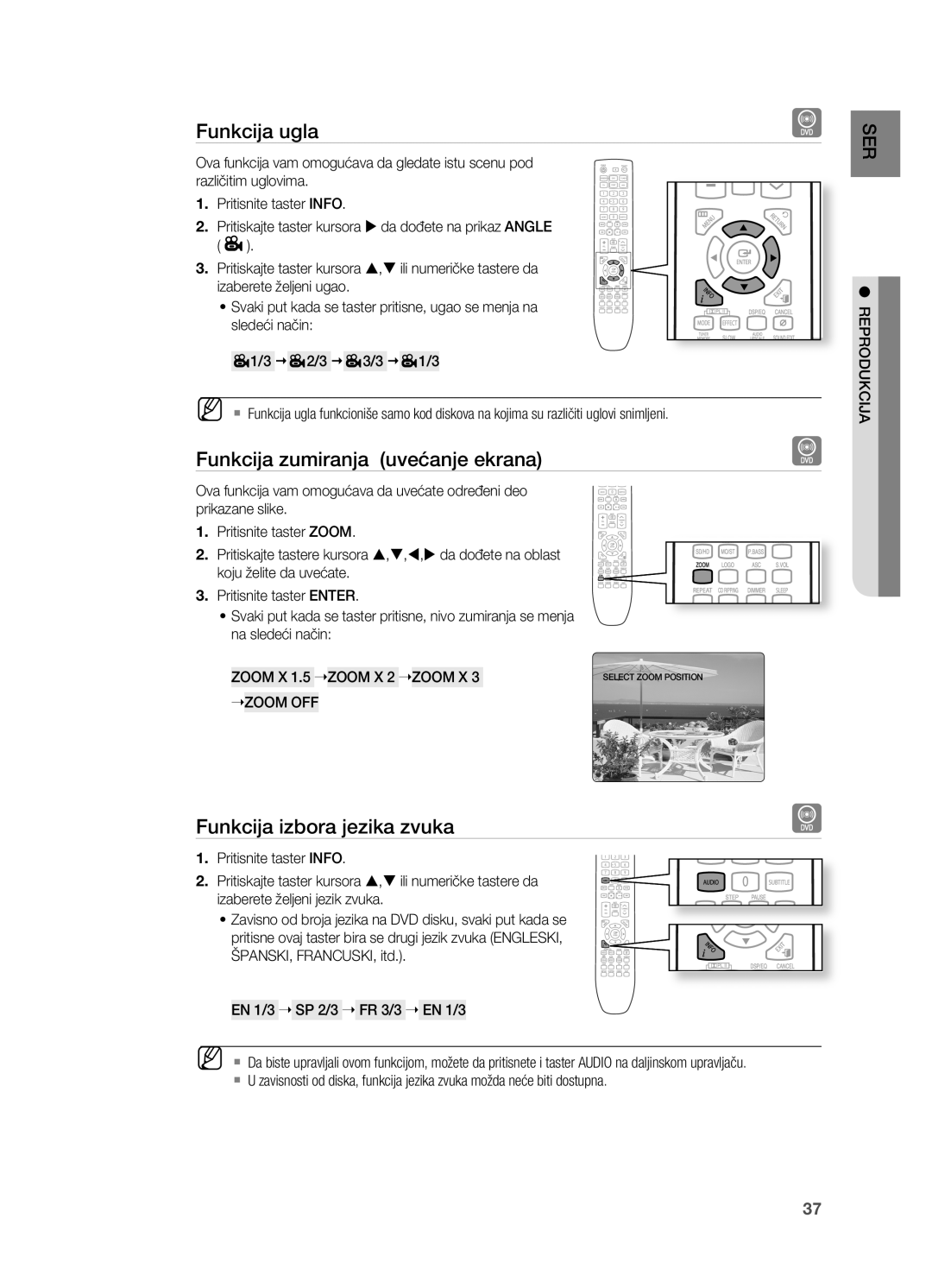 Samsung HT-TX725GT/EDC manual Funkcija ugla, Funkcija zumiranja uvećanje ekrana, Funkcija izbora jezika zvuka 