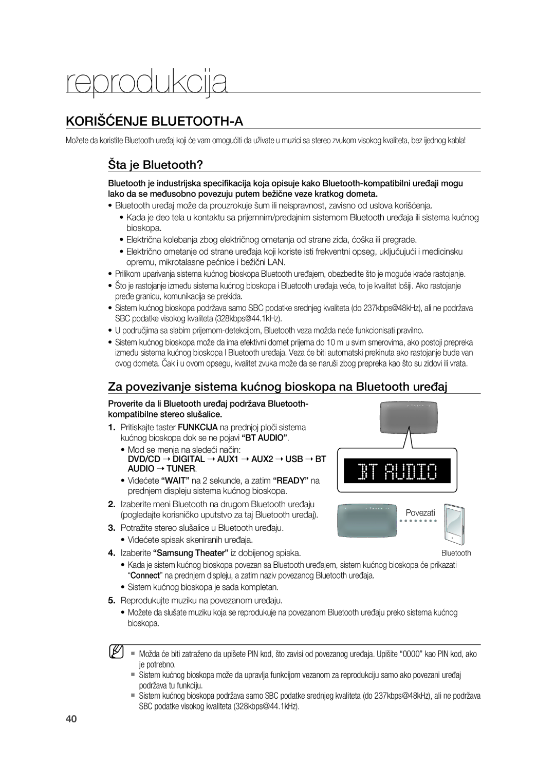 Samsung HT-TX725GT/EDC manual Korišćenje BLUETOOTH-A, Šta je Bluetooth?, ~ Mod se menja na sledeći način 