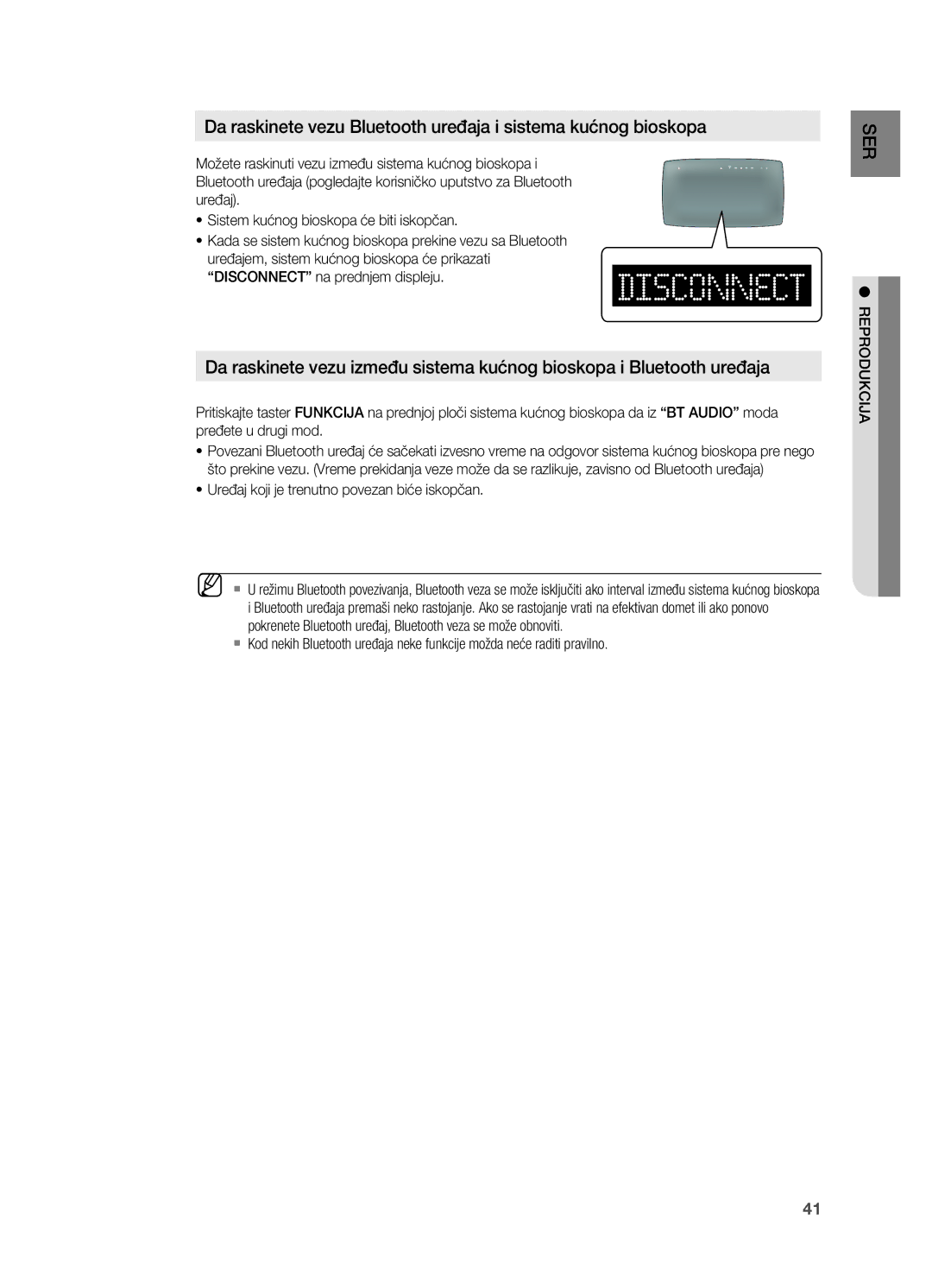 Samsung HT-TX725GT/EDC manual Disconnect na prednjem displeju, ~ Uređaj koji je trenutno povezan biće iskopčan 