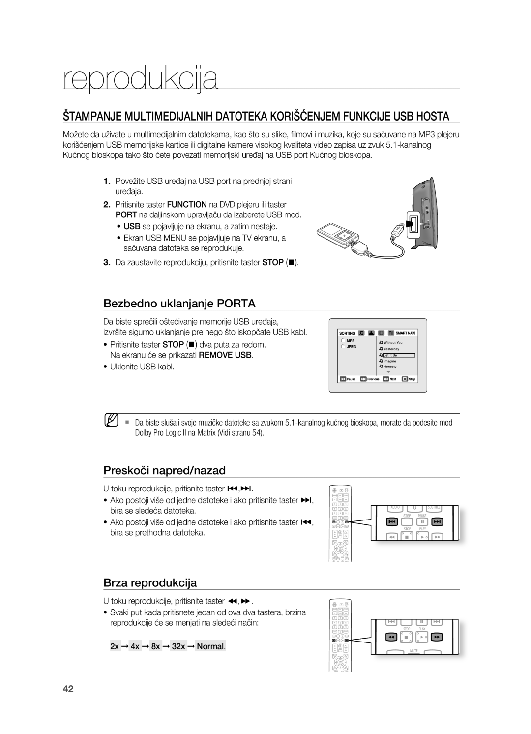 Samsung HT-TX725GT/EDC manual Bezbedno uklanjanje PoRTA, Povežite USB uređaj na USB port na prednjoj strani uređaja 