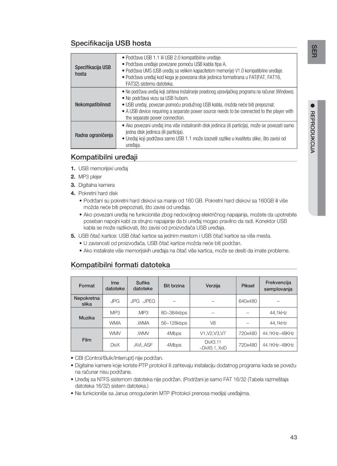 Samsung HT-TX725GT/EDC manual Specifikacija USB hosta, Kompatibilni uređaji, Kompatibilni formati datoteka 