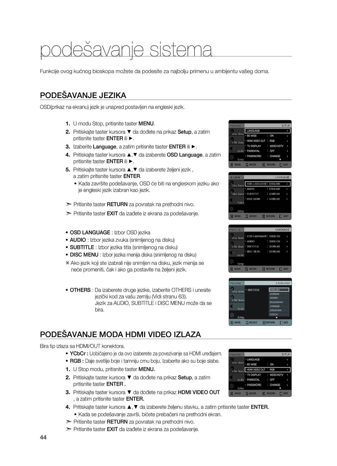 Samsung HT-TX725GT/EDC manual Podešavanje sistema, Podešavanje jezika, Podešavanje Moda Hdmi Video Izlaza 