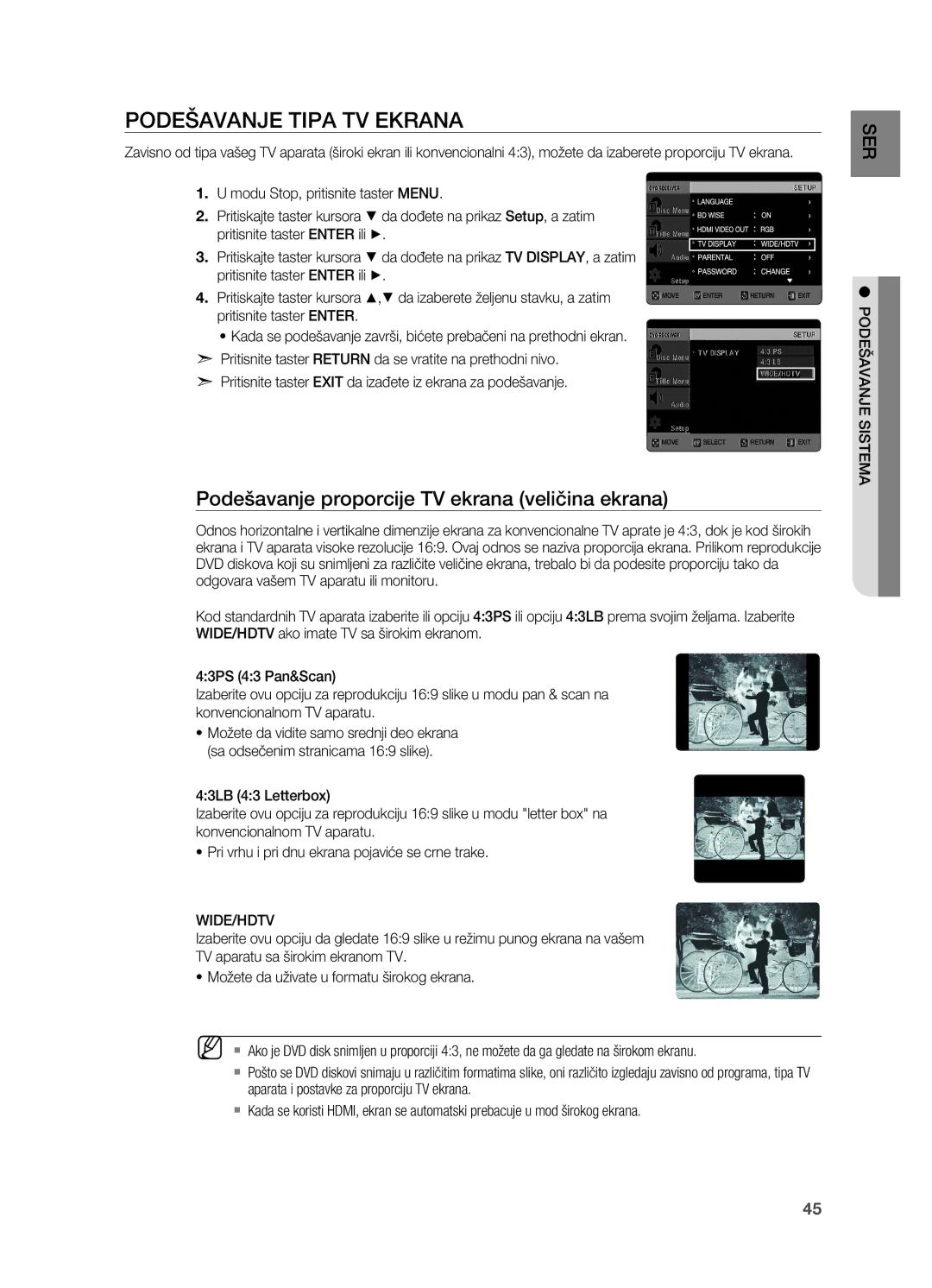 Samsung HT-TX725GT/EDC Podešavanje tipa TV ekrana, Podešavanje proporcije TV ekrana veličina ekrana, Podešavanje sistema 